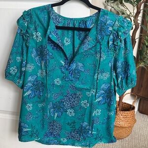 Elegant Floral Teal and Blue Blouse